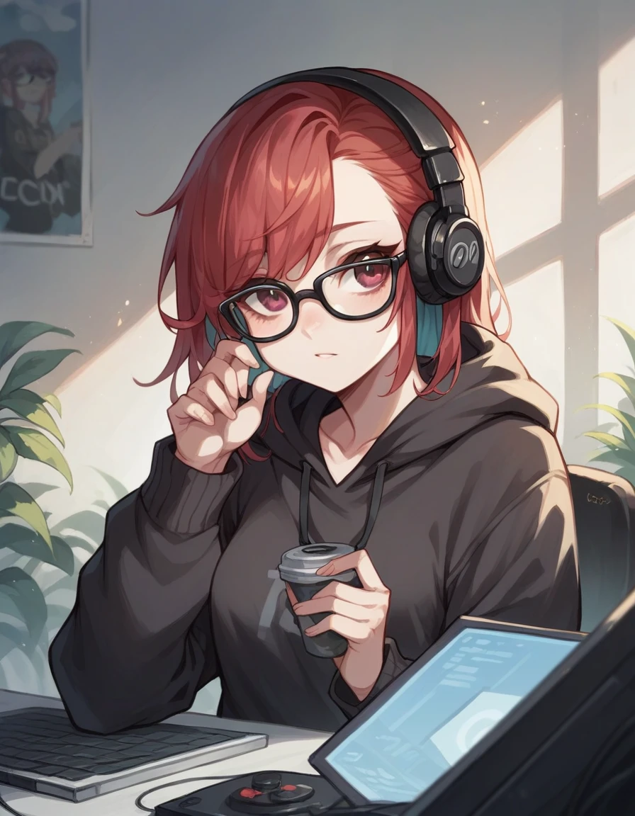 dyed red hair girl, wear black glasses, brown eyes and white complexion, She is playing on a PC dressed in a black sweater and wearing headphones.