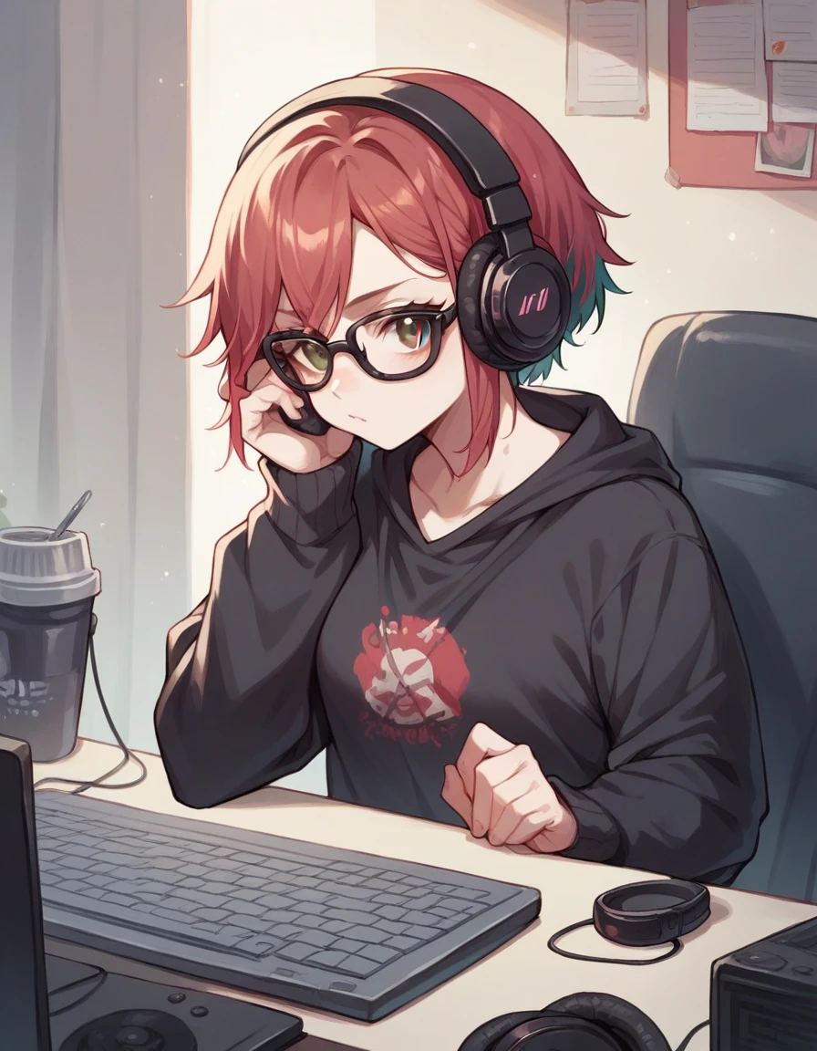 dyed red hair girl, wear black glasses, brown eyes and white complexion, She is playing on a PC dressed in a black sweater and wearing headphones.