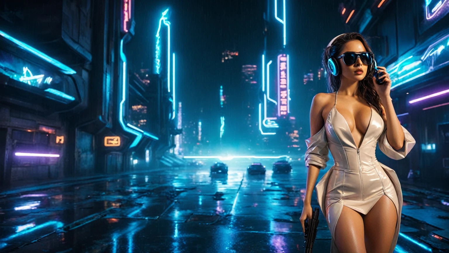 (aerial view, a flying cars docking platform, a very dark abandoned futuristic city, neon lights), rainy night. (((1girl, solo, alone))), large-breast:1.2 slim body, cleavage:1.1, sexy wind blowing wet dress:1.4, (((headphone, black sunglasses, standing and holding pistol:1.8, dynamic rushing pose))), (((((half-body thigh level medium shot))))), cinematic lighting, lens flare, ray tracing.