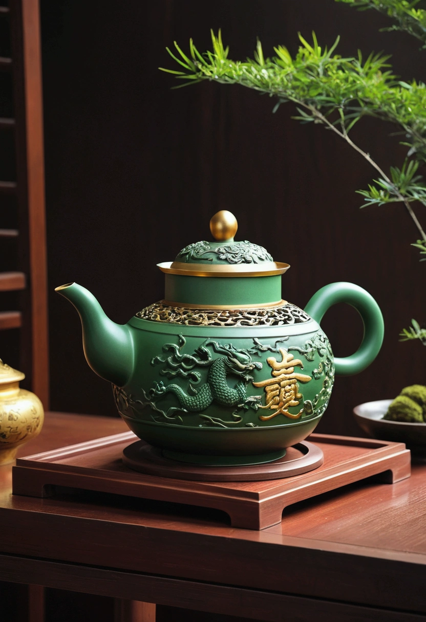 There is a green and gold teapot with a gold lid, pot, author:Cheng Zhengkui, author:Ni Yuanlu, Song, author:Tanyang Kano, Dongsen Bronze, author:Shen Zhecai, Ancient sword, author:Wang Jian, author:Yuan Yao, author:Anwenben, (fantasy), Chinese Arts
