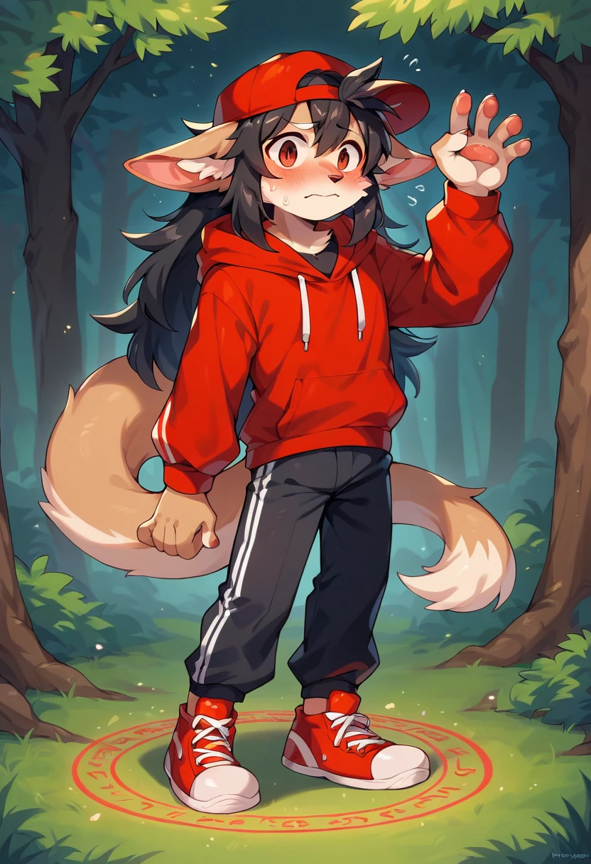 masterpiece, best quality, expressive eyes, perfect face, a man get transformed into a furry linx, furry linx, solo, linx ears, linx tail, surpriced, blushed, black hair, long hair, red baseball cap, black shirt, red hoodie, black sports pants, red sport shoes, brown eyes, full body, in a magic forest, glitter, embarrassed pose, magic circle on the floor.