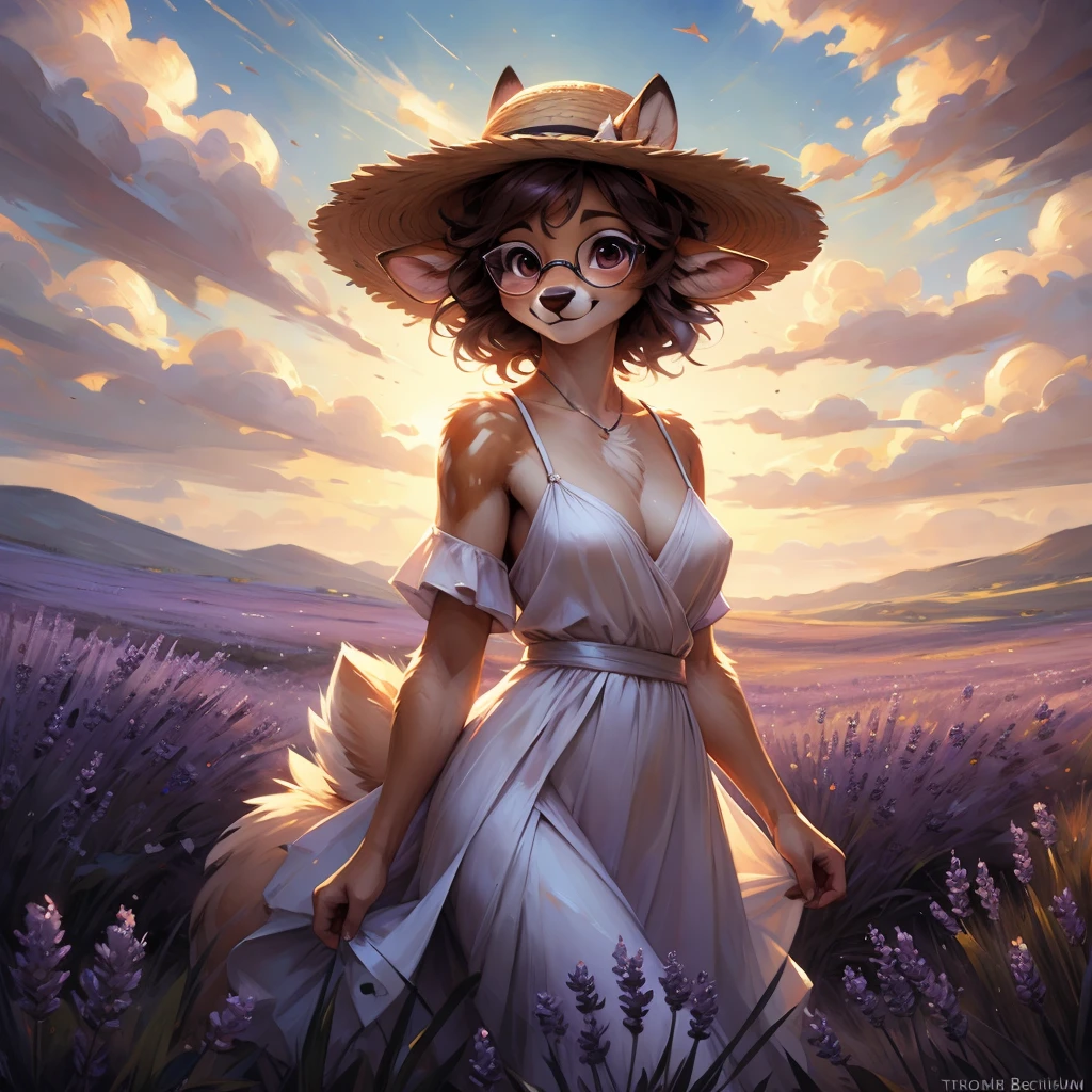 uploaded on e621, by Pixelsketcher, by Bayard Wu, by Thomas Benjamin Kennington , by Einshelm, by hioshiru and kenket, Chunie, portrait, solo anthro female deer doe, with small featureless breasts, clear dark blue, cinematic lighting, day, sunny day, lavender field, stays in a lavender field, lavender field background, mediterranean background, horizon background, shiny, short curly dark brown hair, wears big black nerd glasses, very very beautiful furry art, furry art, smiling, joyful, shiny, happy, feminine, cute face, muzzle, fluffy chest, flawless face, Fallow deer, 1girl, Sakimichan is beautiful, Masterpiece, Wavethesallow Face, shiny, Detailed image, portrait, Detailed image, portrait, full body, wearing pure white and wide spaghetti straps dress, wearing big and wide beige summer straw hat, shiny, realistic face, perfect anatomy, hourglass body, (furry body:1.1), anthropomorphic deer, looks at the viewer, small fluffy tail, detailed background, (cute anatomy:1.1), walks in a lavender field