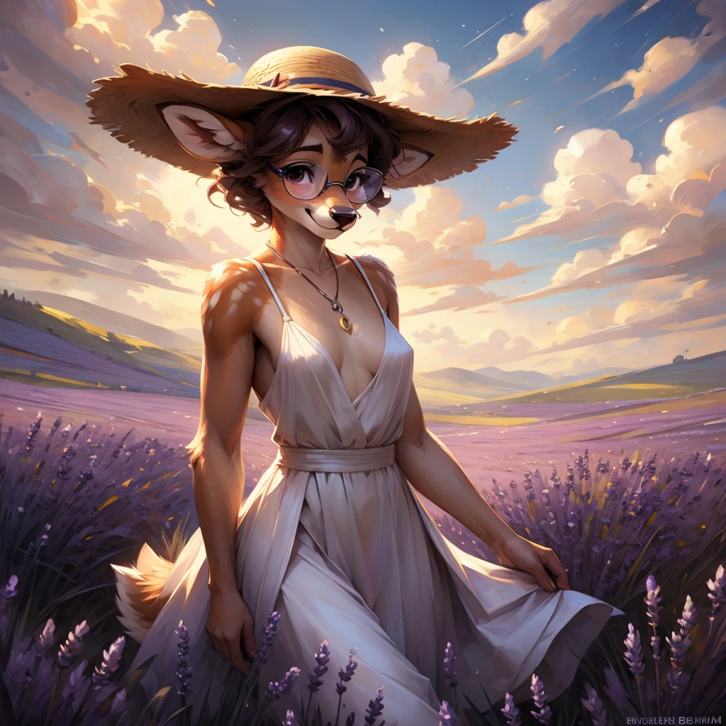 uploaded on e621, by Pixelsketcher, by Bayard Wu, by Thomas Benjamin Kennington , by Einshelm, by hioshiru and kenket, Chunie, portrait, solo anthro female deer doe, with small featureless breasts, clear dark blue, cinematic lighting, day, sunny day, lavender field, stays in a lavender field, lavender field background, mediterranean background, horizon background, shiny, short curly dark brown hair, wears big black nerd glasses, very very beautiful furry art, furry art, smiling, joyful, shiny, happy, feminine, cute face, muzzle, fluffy chest, flawless face, Fallow deer, 1girl, Sakimichan is beautiful, Masterpiece, Wavethesallow Face, shiny, Detailed image, portrait, Detailed image, portrait, full body, wearing pure white and wide spaghetti straps dress, wearing big and wide beige summer straw hat, shiny, realistic face, perfect anatomy, hourglass body, (furry body:1.1), anthropomorphic deer, looks at the viewer, small fluffy tail, detailed background, (cute anatomy:1.1), walks in a lavender field
