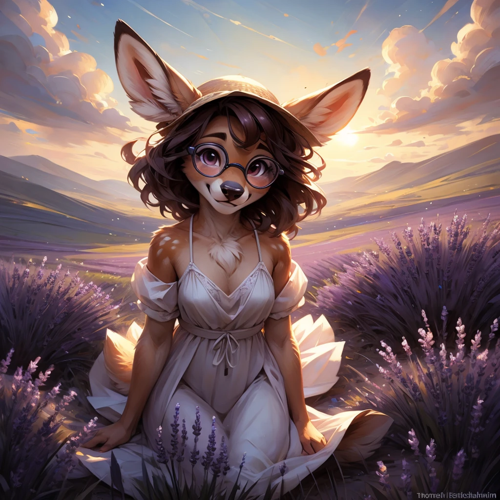 uploaded on e621, by Pixelsketcher, by Bayard Wu, by Thomas Benjamin Kennington , by Einshelm, by hioshiru and kenket, Chunie, portrait, solo anthro female deer doe, with small featureless breasts, clear dark blue, cinematic lighting, day, sunny day, lavender field, stays in a lavender field, lavender field background, mediterranean background, horizon background, shiny, short curly dark brown hair, wears big black nerd glasses, very very beautiful furry art, furry art, smiling, joyful, shiny, happy, feminine, cute face, muzzle, fluffy chest, flawless face, Fallow deer, 1girl, Sakimichan is beautiful, Masterpiece, Wavethesallow Face, shiny, Detailed image, portrait, Detailed image, portrait, full body, wearing pure white and wide spaghetti straps dress, wearing big and wide beige summer straw hat, shiny, realistic face, perfect anatomy, hourglass body, (furry body:1.1), anthropomorphic deer, looks at the viewer, small fluffy tail, detailed background, (cute anatomy:1.1), walks in a lavender field
