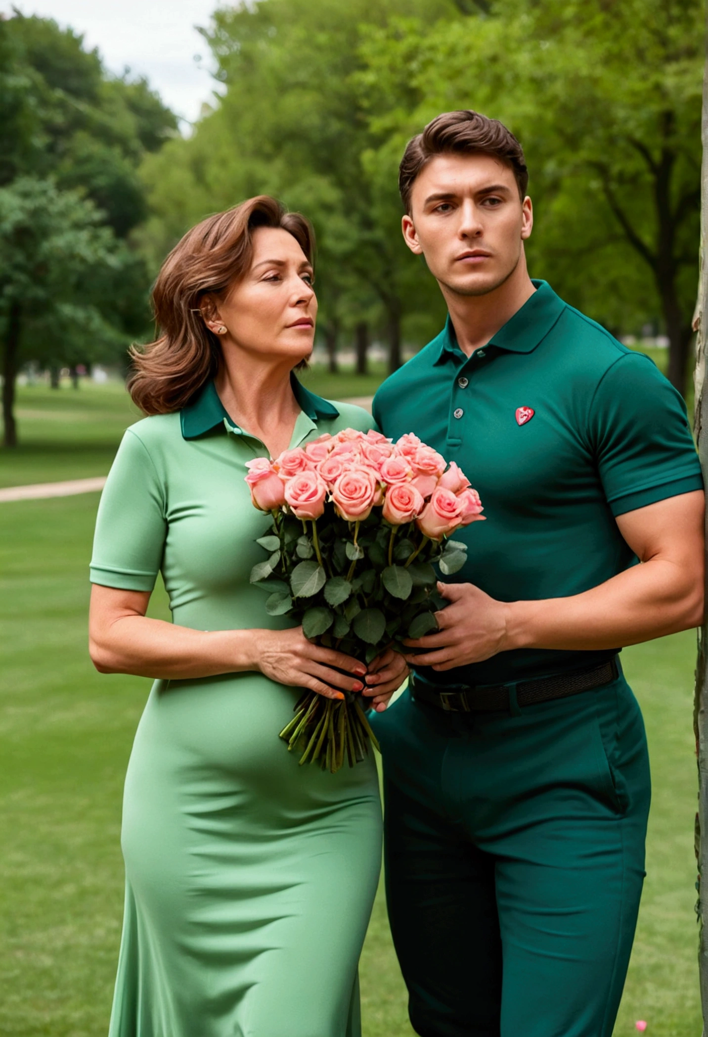 Milf mature woman with brown hair and long green dress with a big belly has a bouquet of roses in her hand and next to her is her young boyfriend dressed in a muscular polo collar, they are taking photos in the park