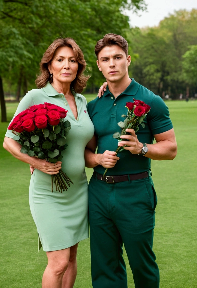 Milf mature woman with brown hair and long green dress with a big belly has a bouquet of roses in her hand and next to her is her young boyfriend dressed in a muscular polo collar, they are taking photos in the park