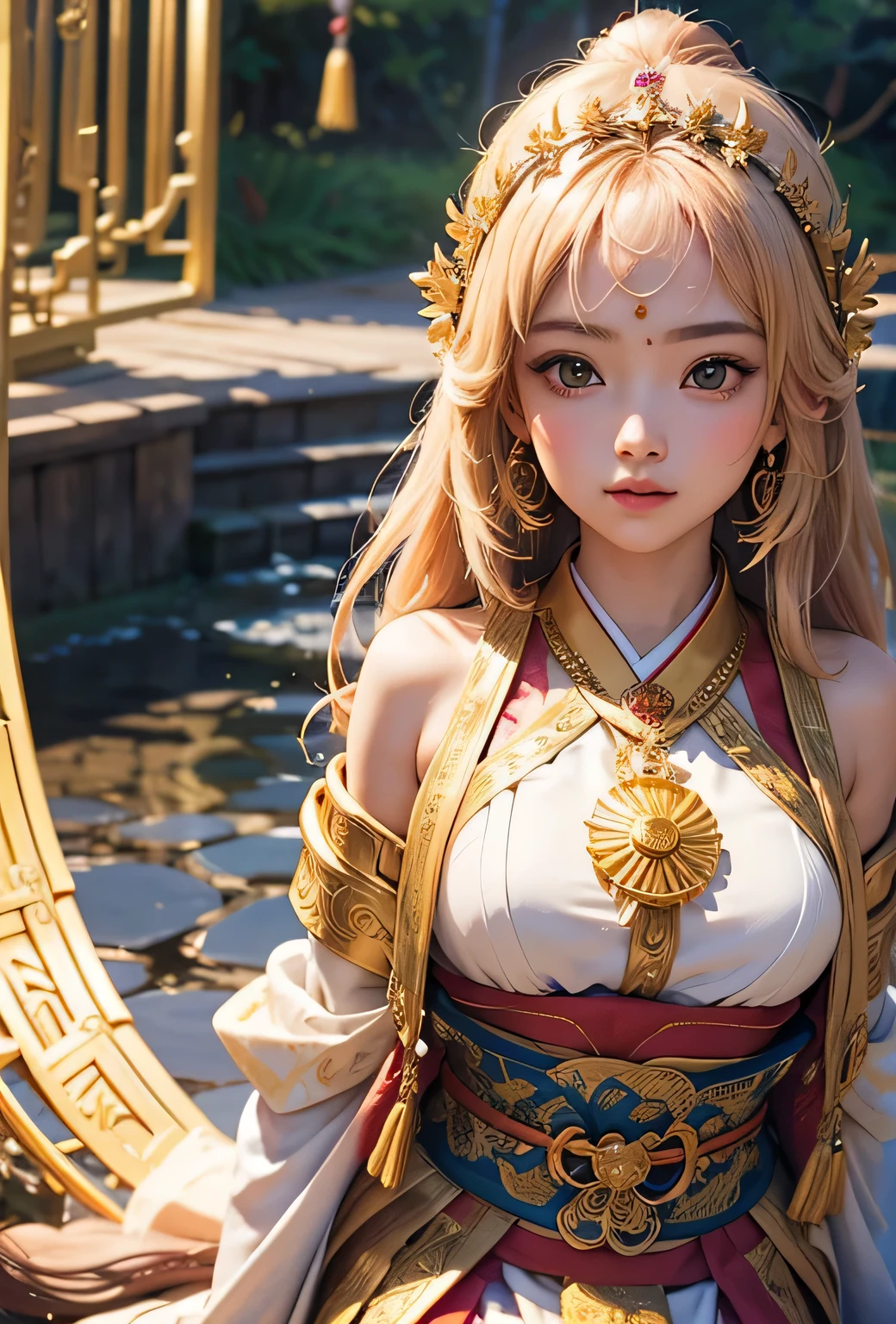 "Child of the Sun, Goddess of Love": Within a sacred sanctuary bathed in sunlight, depict the figure of a sun goddess who governs love, facing forward and emanating divine radiance. She is a , around 3 years old. Zoom in to focus on her face, with a gleaming orb of light in her hands, representing the life-giving power of the sun. Her hair is shimmering gold, and she is wearing a traditional miko outfit as seen in Japanese shrines. The background should be predominantly gold, evoking a sense of divine splendor, with numerous heart-themed objects expressing the beauty of love. The setting is in heaven, enveloped in soft, bright light, where one can find tranquility and peace of mind, free from any trace of anxiety.Straight-on.
