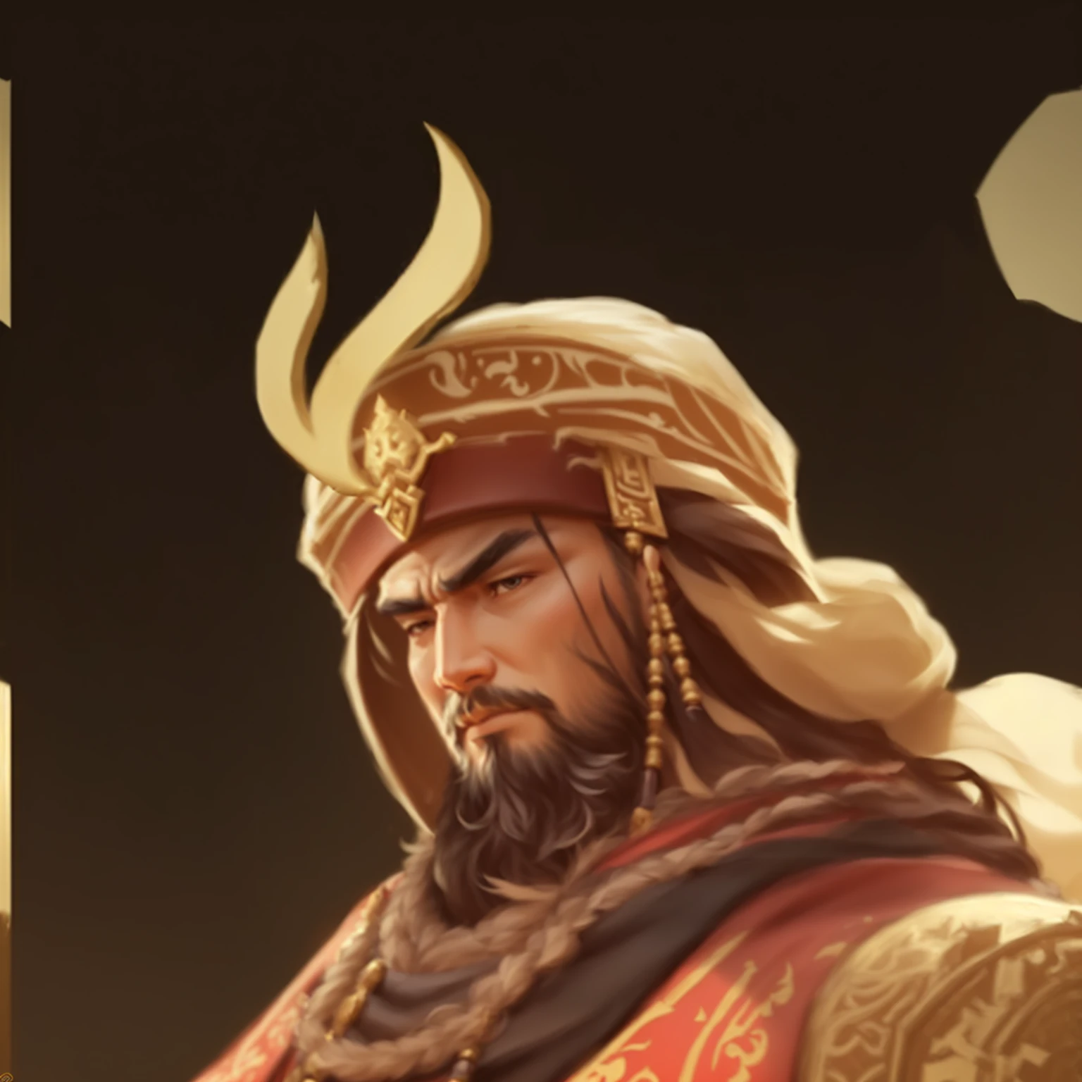 There is a man with horns and a beard, Inspired by Huang Shen, guan yu, Inspired by Hu Zaobin, Inspired by Wu Bin, Inspired by Li Kan, inspired by Huang Ding, arabian samurai, inspired by Du Jin, Inspired by Ma, G Liulian art style, Character Art Close-up