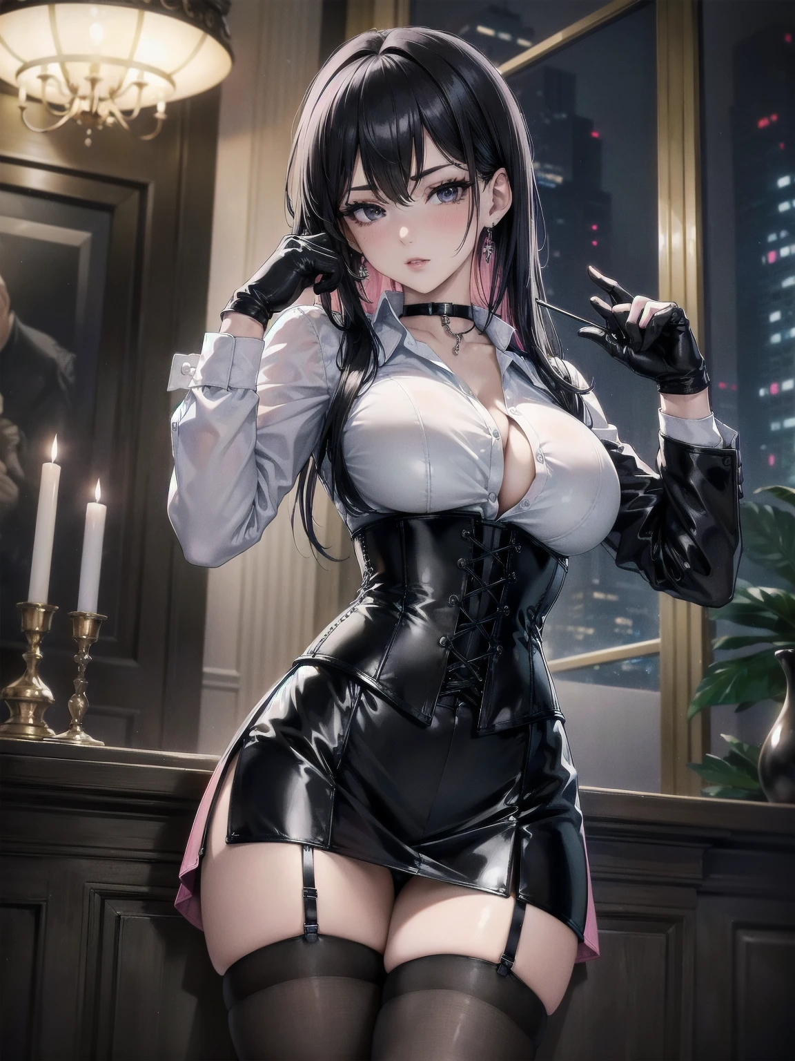  Masterpiece, Superior image quality, high resolution, 4k image,photo and gross, photorealistic, whole body, 1 young teen girl, standing, arms extended upward, hands up, {{{vagina}}}, big breasts, beautiful face, long black hair, black eyes, very detailed eyes, pink cheeks, serious expression, choker:1.6, (white collar button down long sleeve shirt), black gloves, gloves that cover hands, (black leather corset), (shiny black miniskirt), Sensual Lips, show details in the eyes, View from the front, looking at the viewer, Elegant living room, at night