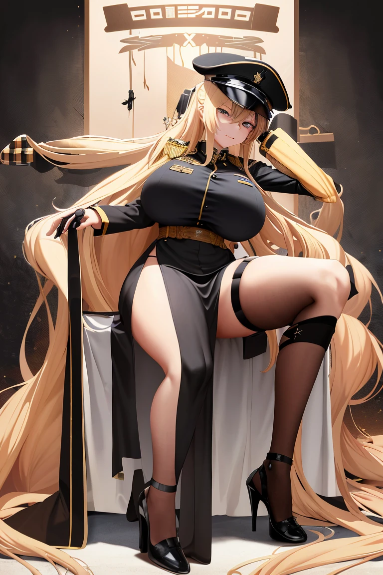 A woman，Long blond hair，Black eyes，Put on a military cap，Wearing a black bikini，Long legs，Nipple protrusion，Twenties，exposed，Black high heels，Huge breasts，超级Huge breasts，超级无比Huge breasts