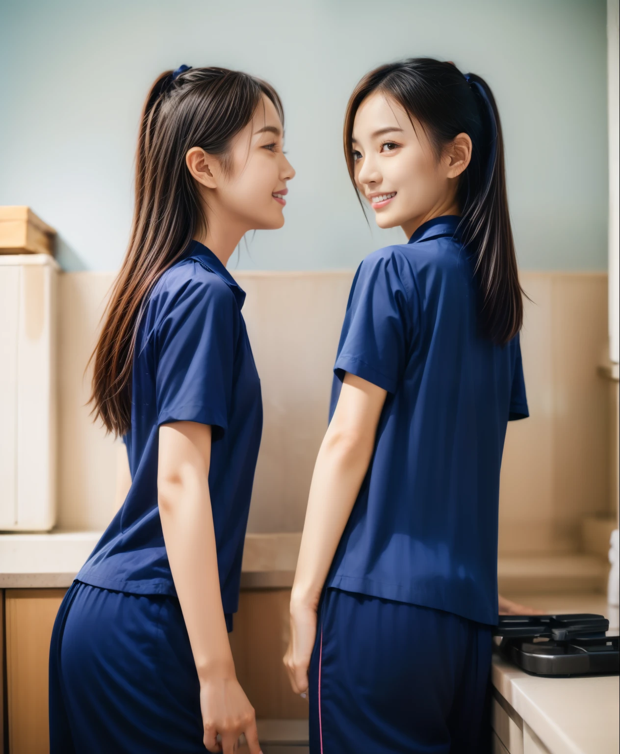 2 girls in the kitchen, Navy blue short-sleeved shirt,Navy Long Trackpant,Sweatpants, Sweatpantsขายาว,25 year old girl, lesbian, sexy, lying in bed., exercise clothes