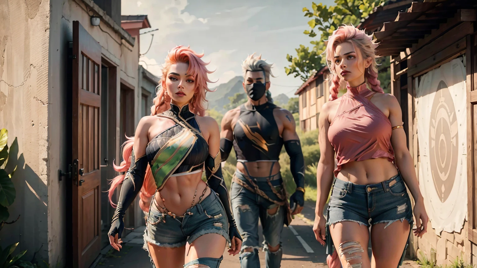 Fighting game characters、A big bust that seems to burst、One Woman Love、Jade-colored hair、slurry and long legs,,,,,,,,,、Fitness Model、muscle、Abdominal muscles、Height: 175cm、Fighting suit with golden sheen、Sunburned skin、Glowing Skin、Cool smile、Full Body View、High kick pose、
