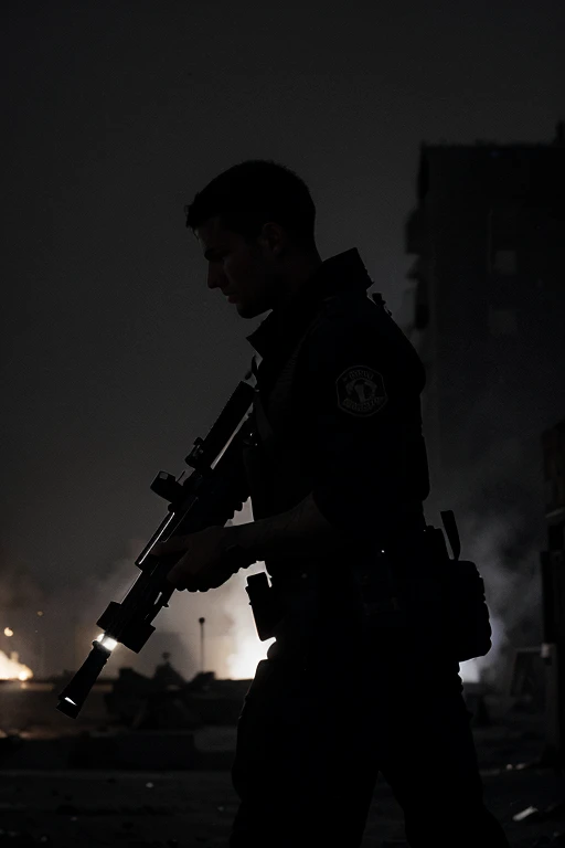 Silhouaite d'un militiare de dos tirant au lance grenade au milieu de l'image en noir et blanc .