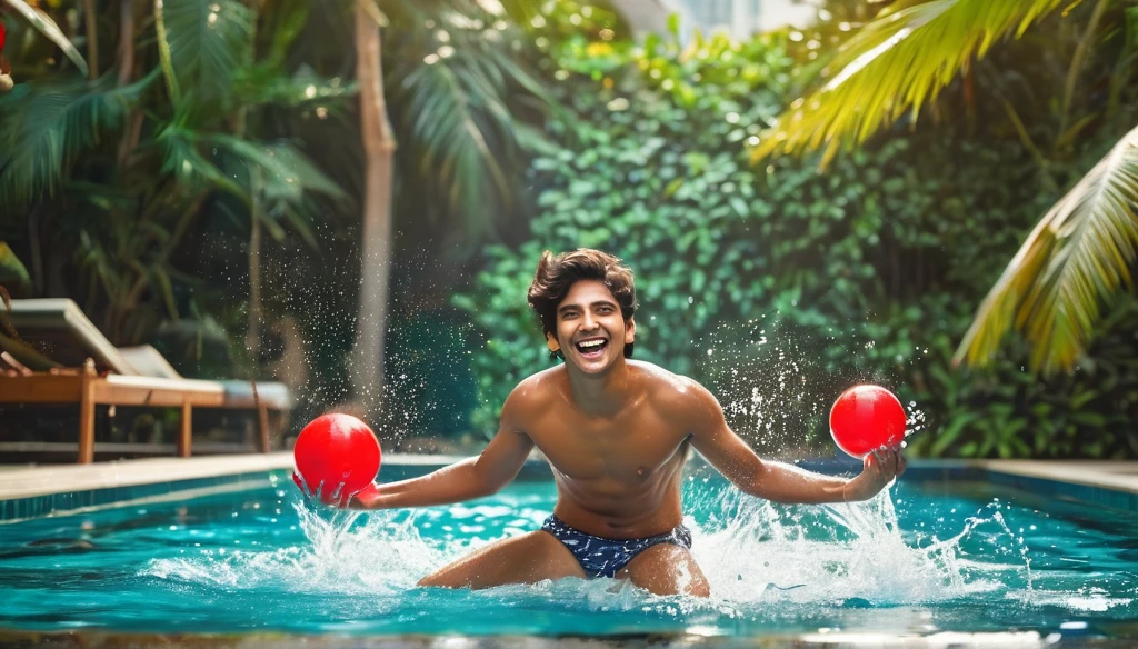 a vibrant scene of a 20-year-old indian brother and sister radhika and rohan frolicking in a picturesque swimming pool under the dappled shade of a palm tree, radhika with her delicate yet athletic frame flaunting her muscular legs as she emerges from the crystal-clear water with a playful smile on her cute detailed face, her deep brown eyes sparkling with joy as she splashes her brother rohan who responds with a good-natured laugh, rohan equally captivating in his red speedo briefs showcasing his toned physique and strong legs as he leaps in the air reaching for a floating beach ball, the vibrant red of his swimwear contrasting beautifully with the sky-blue string bikini worn by radhika which complements her radiant skin and highlights her youthful exuberance, the siblings' expressions full of warmth and camaraderie capturing the essence of an unforgettable summer afternoon spent together, the pool's cerulean water inviting and the surrounding lush greenery framing the picture-perfect moment creating a serene backdrop for their playful antics, the siblings' laughter echoing through the quiet afternoon a testament to their unbreakable bond and shared joy, the sun's rays dancing on their wet hair and skin casting a warm glow that adds to the overall allure of the scene,(best quality,4k,8k,highres,masterpiece:1.2),ultra-detailed,realistic,photorealistic,photo-realistic:1.37,HDR,UHD,studio lighting,ultra-fine painting,sharp focus,physically-based rendering,extreme detail description,professional,vivid colors,bokeh,portrait