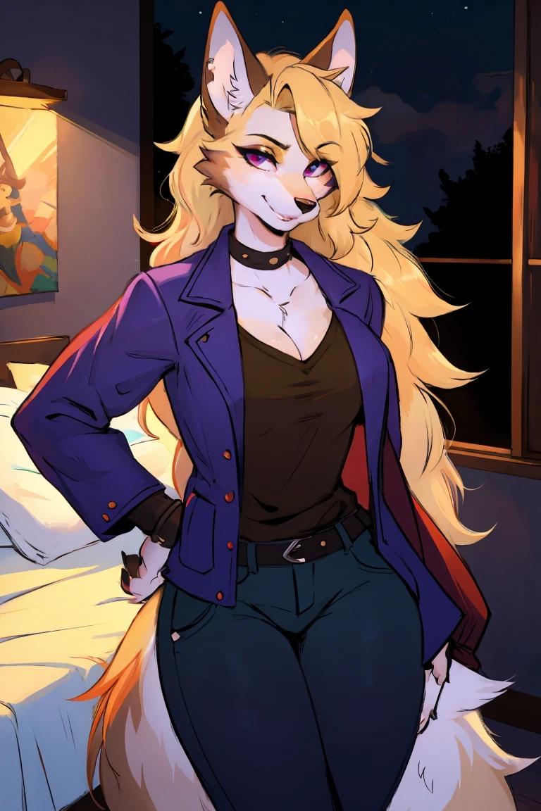 (Wolf_girl:1.2),Beautiful figure,Height 193 cm,Long flowing red hair, close_up,(Fluffy anthropomorphic furry :1.6),curls,fur,Neck hair,Extremely fine fur,aldult, 33 years old, Mature, Solitary, only, Smile, Animal ears,(looking at viewer:1.2)masterpiece, Best Art, Detailed hands, Delicate eyes, night, Anime latest art style, Medium Blonde, Creamy body lotion, Deep purple eyes, permanent, sports, Big body, permanent, bedroom, Bad Guy, Pants, jacket, Steampunk, Ninja Costume,