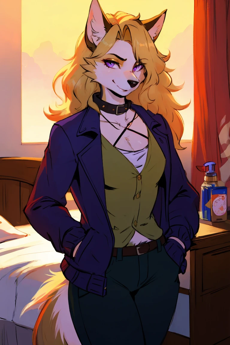 (Wolf_girl:1.2),Beautiful figure,Height 193 cm,Long flowing red hair, close_up,(Fluffy anthropomorphic furry :1.6),curls,fur,Neck hair,Extremely fine fur,aldult, 33 years old, Mature, Solitary, only, Smile, Animal ears,(looking at viewer:1.2)masterpiece, Best Art, Detailed hands, Delicate eyes, night, Anime latest art style, Medium Blonde, Creamy body lotion, Deep purple eyes, permanent, sports, Big body, permanent, bedroom, Bad Guy, Pants, jacket, Steampunk, Ninja Costume,