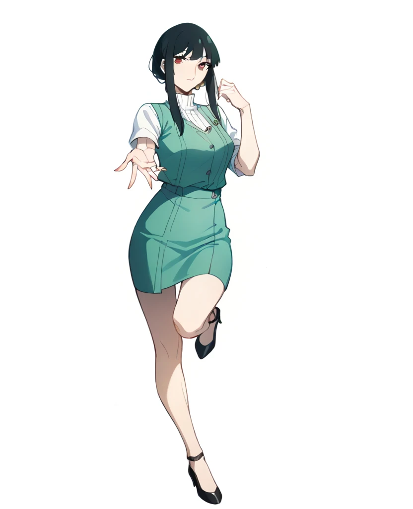 very beautiful, graceful, and fairly tall young woman with a slender, curvaceous frame. She has long, straight, black hair reaching her mid-back with short bangs framing her forehead and upturned red eyes. she wears the standard work uniform, consisting of a long-sleeved white shirt with a sleeveless green vest over it, a knee-length green office skirt, and black heels