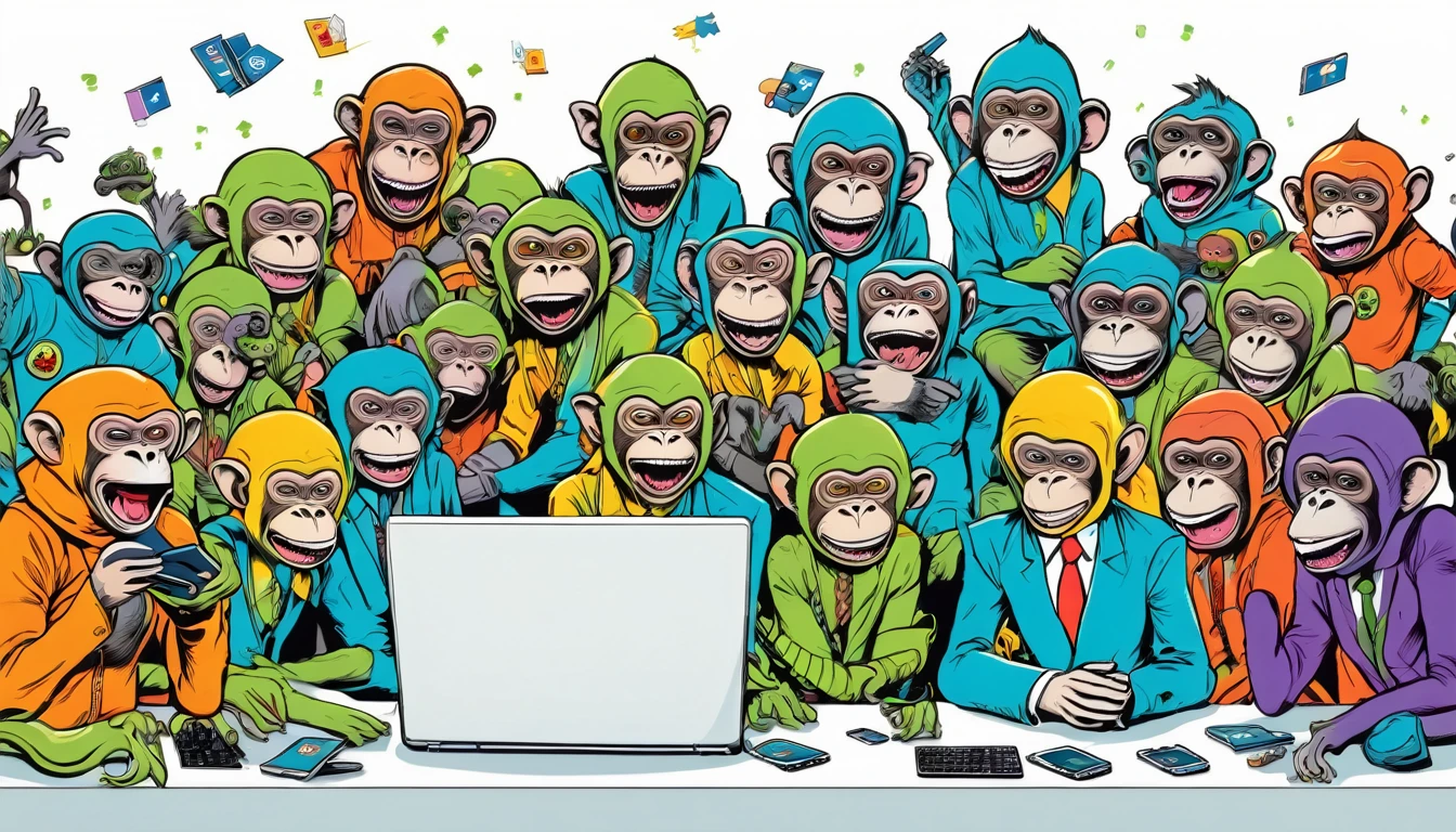 A vibrant scene of a troop of monkeys, aliens, and humans enjoying social media. A variety of emotions are expressed: some are crying, some are angry, some are making money, and some are laughing. The background is pure white.