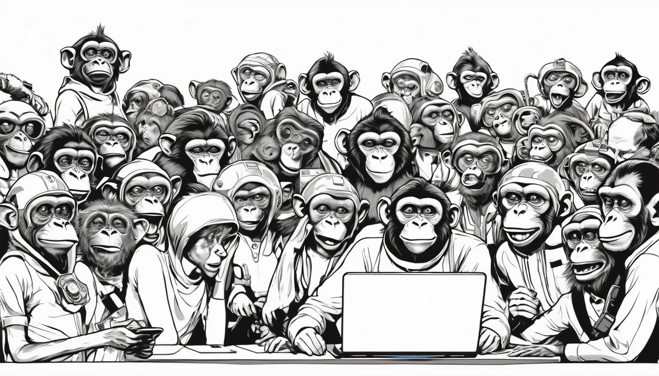 Create an illustration depicting a large group of monkeys using social media to engage in cyberbullying. The scene should show the monkeys with smartphones, tablets, and laptops, furiously typing and posting negative comments. Some monkeys should have angry and malicious expressions, while others laugh or look gleeful. The background should include a chaotic mix of digital screens displaying harmful messages and symbols of social media platforms. The overall atmosphere should convey the destructive and overwhelming nature of online harassment
