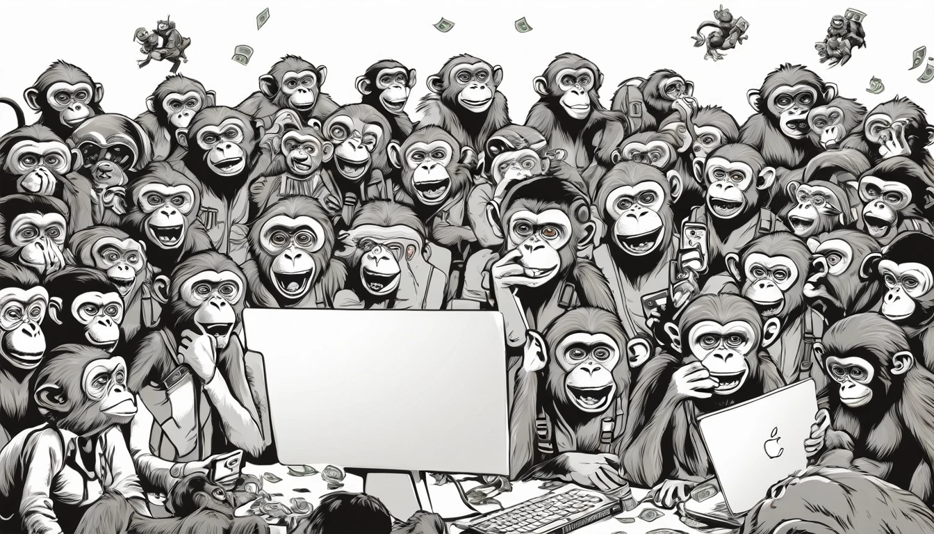 A vibrant scene of a troop of monkeys, aliens, and humans enjoying social media. A variety of emotions are expressed: some are crying, some are angry, some are making money, and some are laughing. The background is pure white.