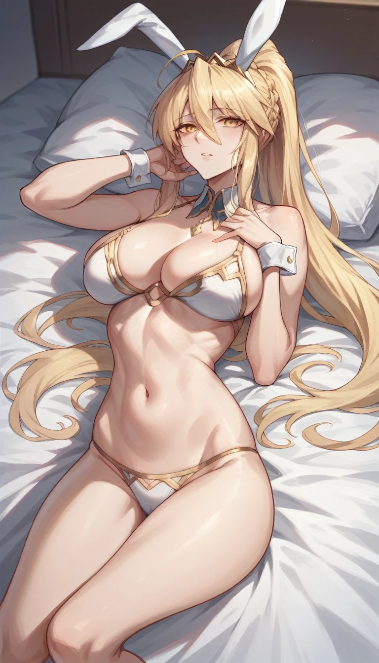 Artoria Pendragon,Blonde hair, golden eyes, mature,white bunny ears headband,long hair ponytail, big breasts, slim, white bikini,bed,