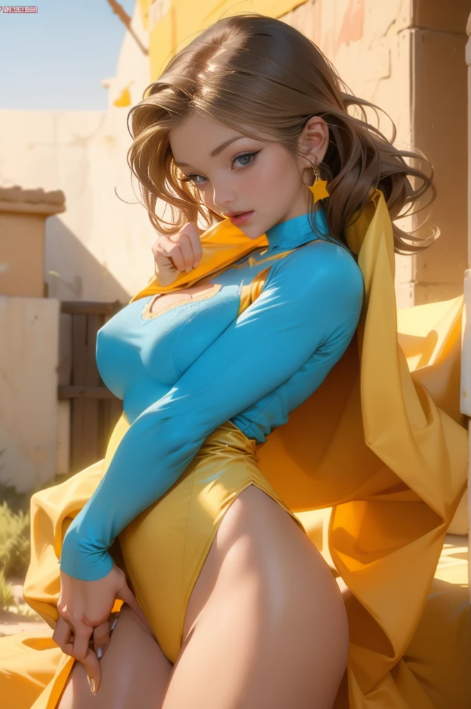 high quality, 4k, masterpiece, beautiful, Rita Faltoyano, cowboy shot, dull eyes, front, looking at viewer, long blonde hair, girl, huge breasts, fit thighs, robotic arms, robotic body, cyborg body, yellow & white uniform, orange accent, intricate detail, joint, detailed lines, robotic detail, holding fist up, holding hand up as fist, color robotic parts, robotic parts with color, perfect fingers, on a desert planet, night at the top of building, slender thighs, skinny thighs,