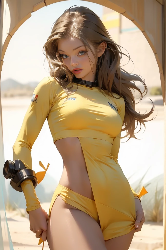 high quality, 4k, masterpiece, beautiful, Rita Faltoyano, cowboy shot, dull eyes, front, looking at viewer, long blonde hair, girl, huge breasts, fit thighs, robotic arms, robotic body, cyborg body, yellow & white uniform, orange accent, intricate detail, joint, detailed lines, robotic detail, holding fist up, holding hand up as fist, color robotic parts, robotic parts with color, perfect fingers, on a desert planet, night at the top of building, slender thighs, skinny thighs,