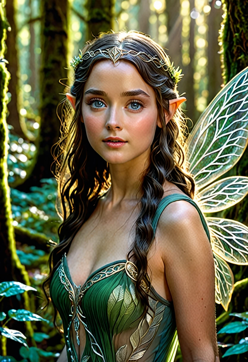 1 Girl, Solitary, (Sexy fairy),{{{masterpiece}}}, {{{Ultra Detailed}}}, {{{best quality}}}, {{{8K resolution}}}, {{Beautifully}}, {Beautiful and delicate eyes}, Delicate face, ((( Clear images ))), portrait  (fantasy fairy woman), Half-smile, (Erotic transparent dress),Concept Art, fantasy, (((Lord of the Rings style))), grace, Magical forest background, photo, Depth of Field, Bokeh, colored, The background is a dense forest, author：Dan Winters, Russell James, Steve McCurry, Center, Extremely detailed, Nikon D850, award winning photoy, (((16K))), data center