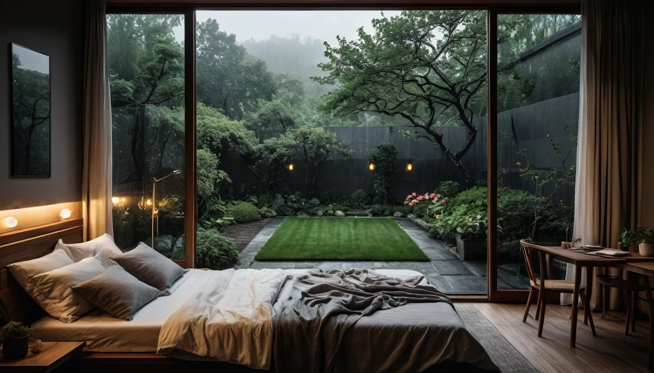 The picture shows a cozy gloomy bedroom, with a large window offering a view of a beautiful, dimly lit garden AND a garden soaked in FLOWERS, the cobblestones of the Japanese house concept. CINEMATIC, JAPANESE HOUSE, the shape of a Japanese house, and lots of flower gardens in the garden. The bed was unmade with rumpled sheets, indicating only a light sleep. the room is dark, gloomy, looks dim, gloomy. Beside the bed there is a small table with a classic lamp that radiates warm light into the room. Outside the window you can see the lush greenery of the terrace or balcony area, the rain is falling, the lamp on the left provides warm lighting, creating a calm and peaceful atmosphere. with fog obscuring part of the view in the distance. The contrast between the warmth indoors and the rain outdoors creates an inviting and calming atmosphere