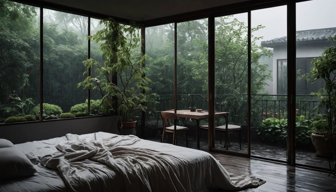The picture shows a cozy gloomy bedroom, with a large window offering a view of a beautiful, dimly lit garden AND a garden soaked in FLOWERS, the cobblestones of the Japanese house concept. CINEMATIC, JAPANESE HOUSE, the shape of a Japanese house, and lots of flower gardens in the garden. The bed was unmade with rumpled sheets, indicating only a light sleep. the room is dark, gloomy, looks dim, gloomy. Beside the bed there is a small table with a classic lamp that radiates warm light into the room. Outside the window you can see the lush greenery of the terrace or balcony area, the rain is falling, the lamp on the left provides warm lighting, creating a calm and peaceful atmosphere. with fog obscuring part of the view in the distance. The contrast between the warmth indoors and the rain outdoors creates an inviting and calming atmosphere