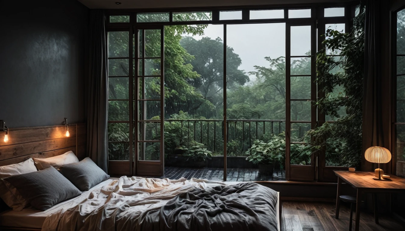 The picture shows a cozy gloomy bedroom, with a large window offering a view of a beautiful, dimly lit garden AND a garden soaked in FLOWERS, the cobblestones of the Japanese house concept. CINEMATIC, JAPANESE HOUSE, the shape of a Japanese house, and lots of flower gardens in the garden. The bed was unmade with rumpled sheets, indicating only a light sleep. the room is dark, gloomy, looks dim, gloomy. Beside the bed there is a small table with a classic lamp that radiates warm light into the room. Outside the window you can see the lush greenery of the terrace or balcony area, the rain is falling, the lamp on the left provides warm lighting, creating a calm and peaceful atmosphere. with fog obscuring part of the view in the distance. The contrast between the warmth indoors and the rain outdoors creates an inviting and calming atmosphere