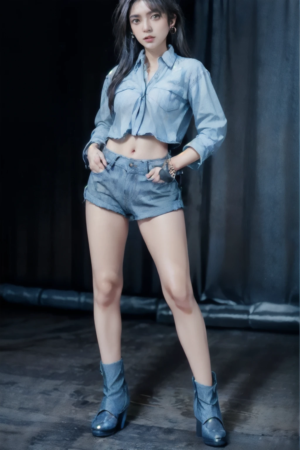 (tall:2),(photo realist: 1.2), (hiper realist: 1.2), (realistic: 1.2), (smoother lighting: 1.2), (Improve the quality of movie lighting: 1.2), (RAW photo:1.2), (better quality:1.2), (perfect eyes:1.2), (masterpiece:1.2), (Physically based rendering:1.2), (ultra high resolution:1.2), (best quality:1.2),(standing:2),(full body shot:2),(sexy pose:2),(long hair:1.2),(beauty face:1.2),(earring:2),(ember eyes:1.2),(tied shirt:1.2),(denim micro shirt:2),(belt:1.2),(beauty legs:2),(leather shoes:1.2),(simple background:1.2),(shiny skin:1.2),(navel:1.2)