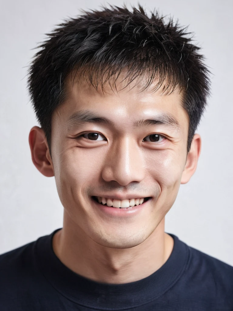 ,Hairstyle is skinhead。long eyelashes、Smiling Kindly。Deep moat。A man facing forward with very large, sexy eyes who resembles the Japanese actor Yamada Yuki