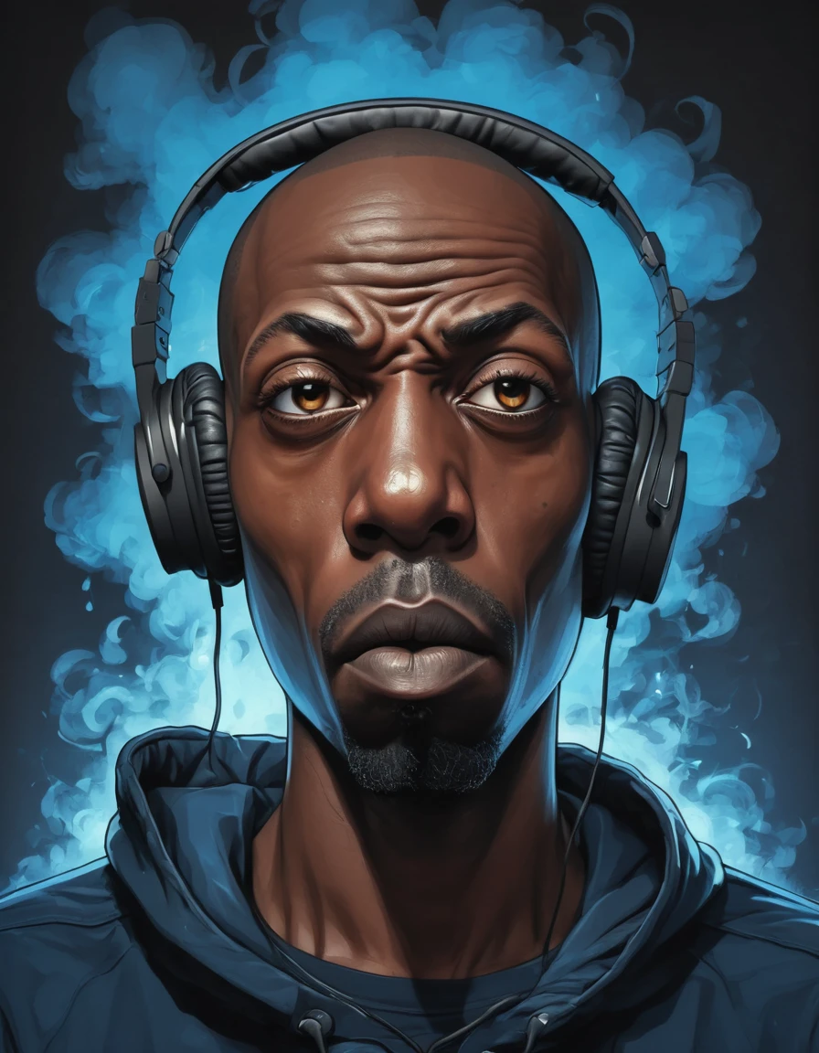 breathtaking vector cartoon illustration of shawt a black man ,wearing headphones, in a room full of smoke ,Anastomosing, Electric Blue, galactic, Ivan Albright, Sick, mean expression, twinkling eyes, and a bald head 