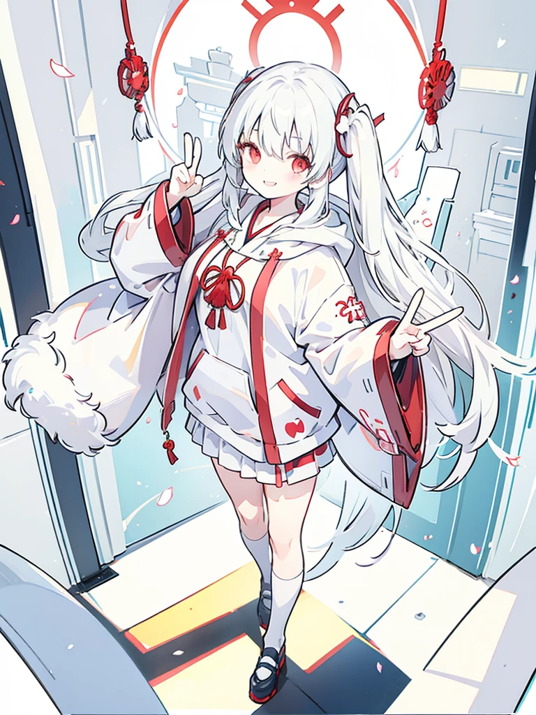 Girl, white hair, twin tails, red eyes, shrine maiden, uniform, hoodie, cute, smile, big smile, big smile, peace sign to the camera