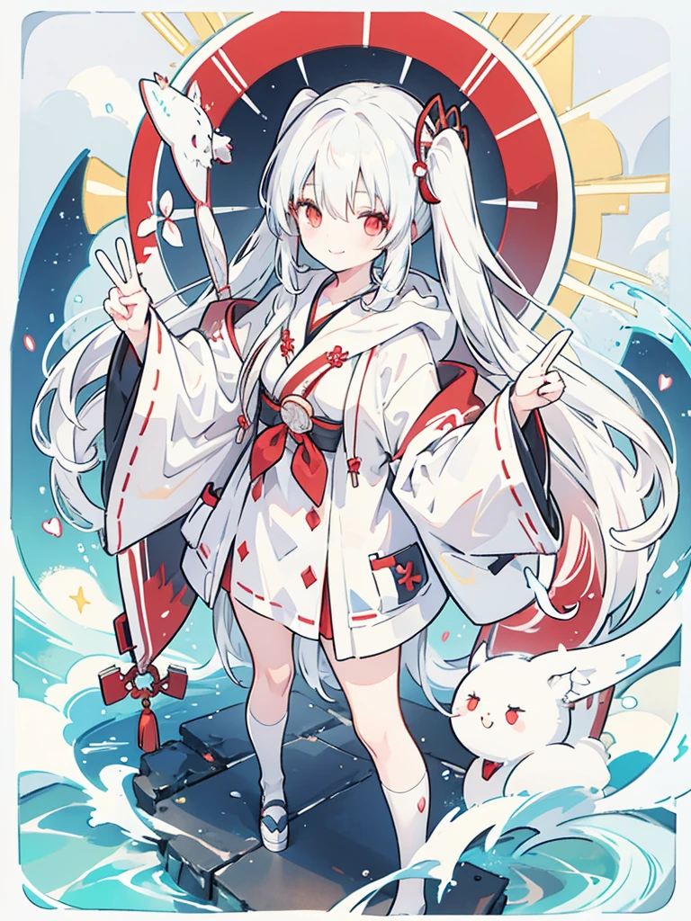 Girl, white hair, twin tails, red eyes, shrine maiden, uniform, hoodie, cute, smile, big smile, big smile, peace sign to the camera