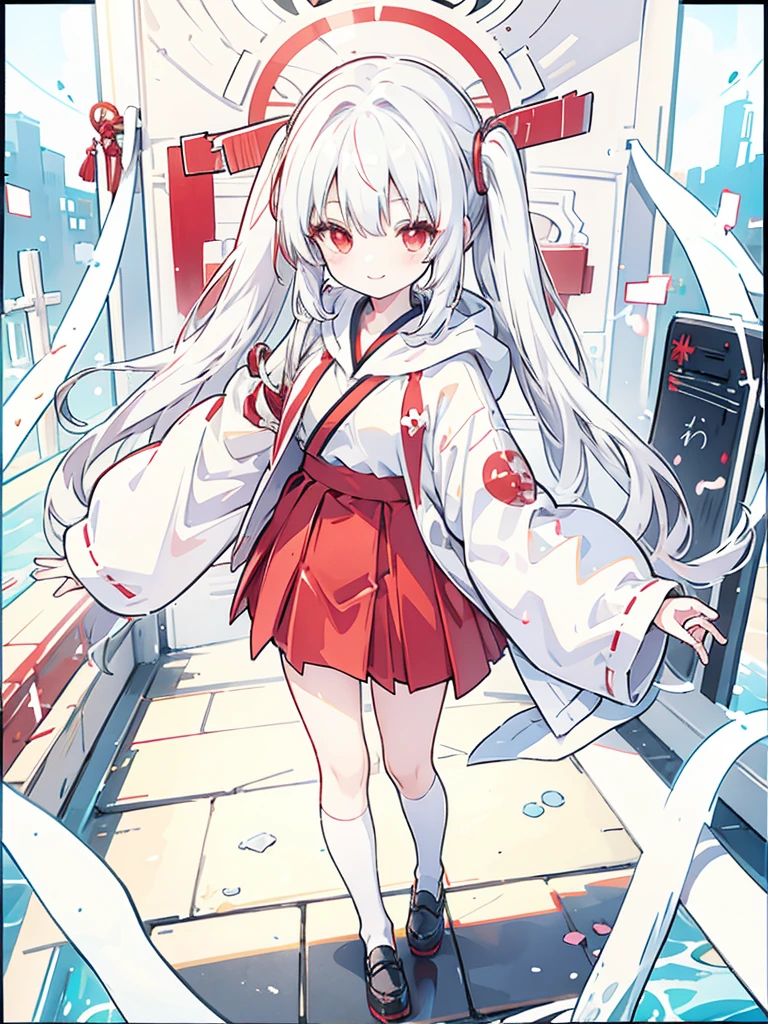 Girl, white hair, twin tails, red eyes, shrine maiden, uniform, hoodie, cute, smile, big smile, big smile, peace sign to the camera