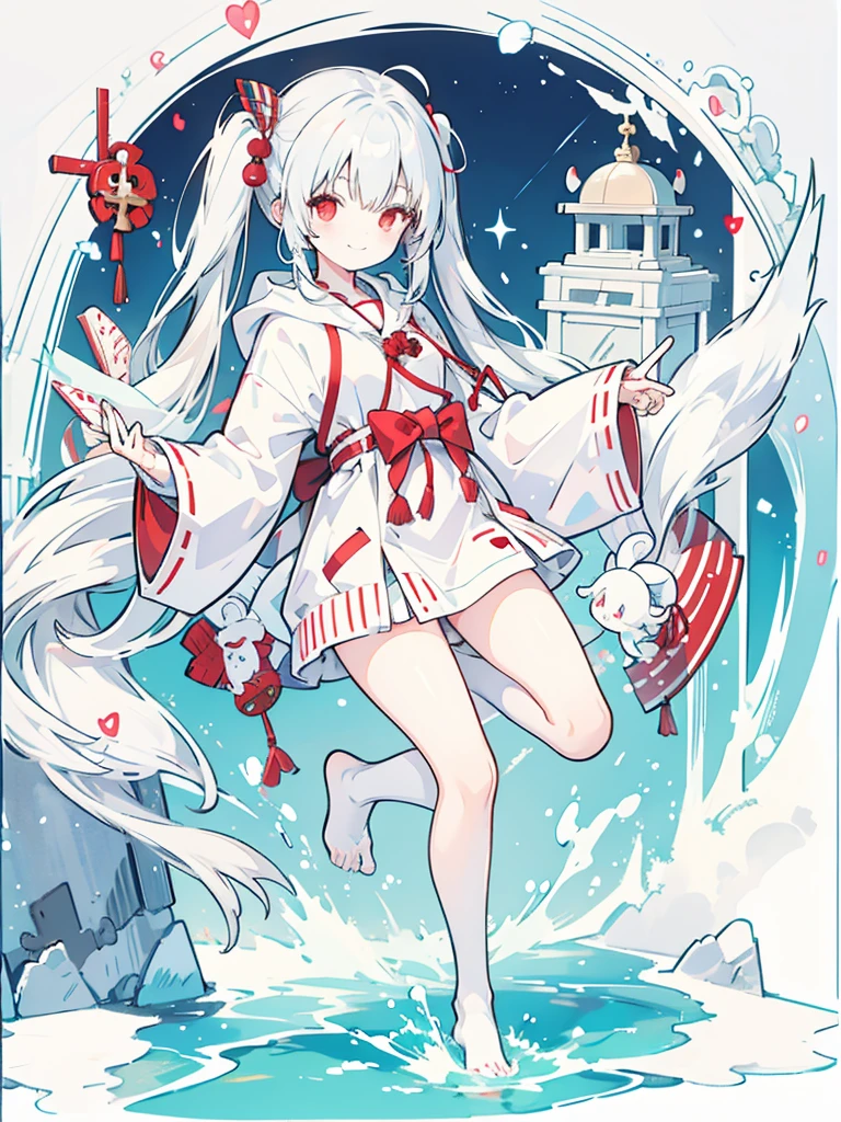 Girl, white hair, twin tails, red eyes, shrine maiden, uniform, hoodie, cute, smile, big smile, big smile, peace sign to the camera