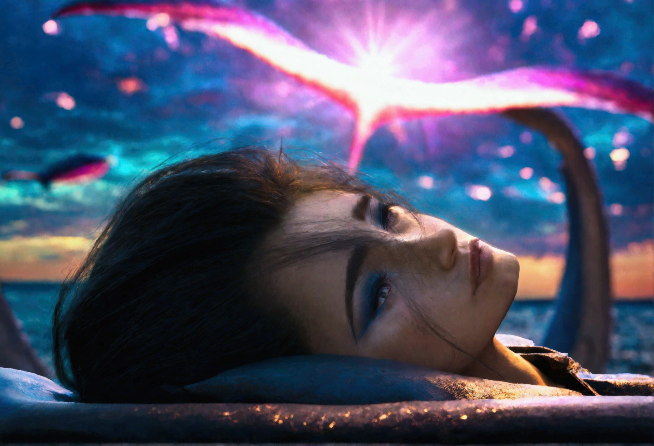A sky whale, enormous wings, a woman lying on the beach watching its majestic flight, dreamy skies, (best quality,8k,highres,masterpiece:1.2),ultra-detailed,(realistic,photorealistic,photo-realistic:1.37),HDR,UHD,studio lighting,ultra-fine painting,sharp focus,physically-based rendering,extreme detail description,professional,vivid colors,bokeh,fantasy,surreal,cinematic,dramatic lighting,glowing,volumetric lighting,atmospheric,moody,cinematic composition,dramatic perspective