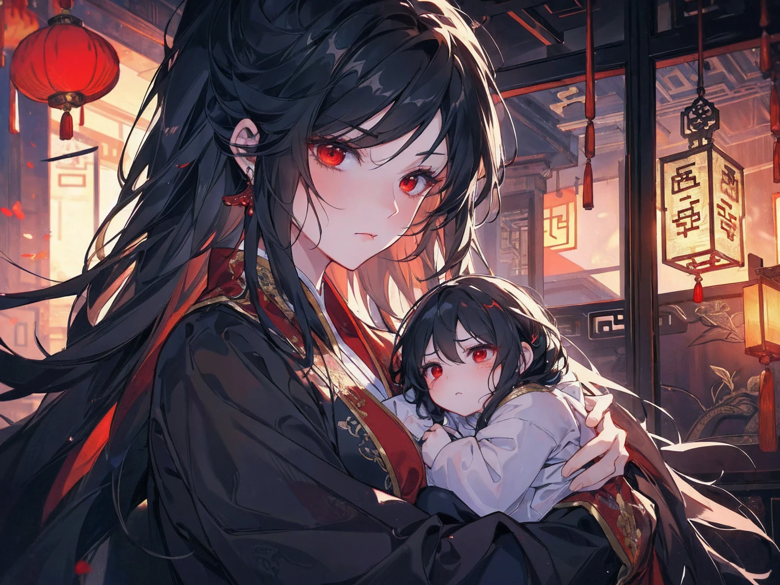 (extremely detailed 8K wallpaper),(ultra-detailed),(best quality),(masterpiece),(highly detailed),(cinematic lighting),(Original),Cold ligh,moody,(Chinese elaborate-style painting ),ink style, black hair, red eyes, sad face, holding her little baby