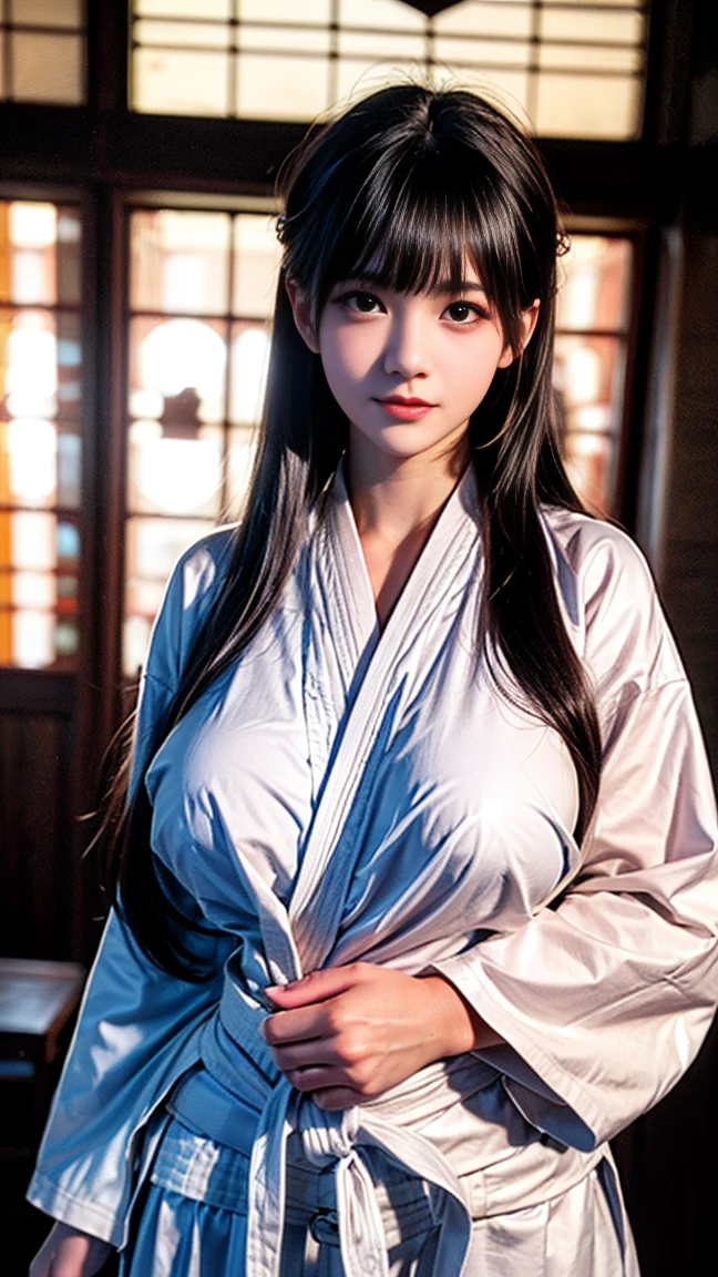 alone、high school girl、28 years old、Natural body shape、White skin、Natural Makeup、Black Hair、bangs、Straight Long Hair、、(full naked)、Standing with legs apart、((((Big Breasts))))、(show pussy)、((The upper body is wearing a judogi))、dojo、(((Looking at the camera)))、Thighs exposed、(((Head to thigh portrait)))