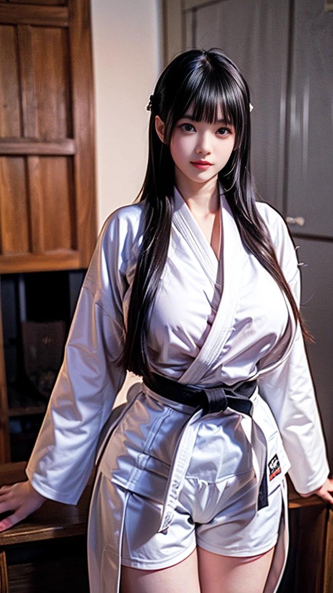 alone、high school girl、28 years old、Natural body shape、White skin、Natural Makeup、Black Hair、bangs、Straight Long Hair、、(full naked)、Standing with legs apart、((((Big Breasts))))、(show pussy)、((The upper body is wearing a judogi))、dojo、(((Looking at the camera)))、Thighs exposed、(((Head to thigh portrait)))