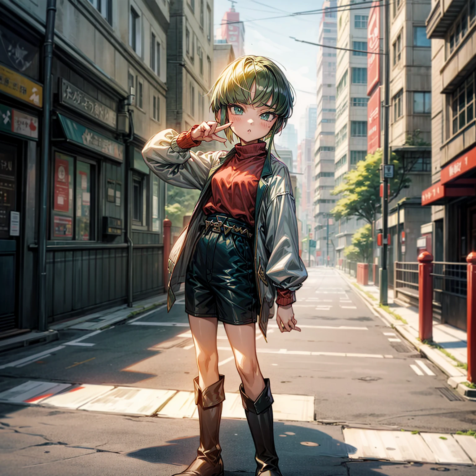 1children girl, Full body version, 1character, green eyes, short haircut, green color hair, casual style clothing, red colour clothing, boots, Grassroots, background in city street, motion blur, (detective conan style art), standing gesture, cute face