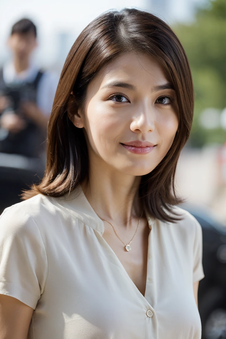((Flat Chest:1.5)), ((Flat Chest:1.5)), ((Flat Chest:1.5)), ((Flat Chest:1.5)), ((skinny:1.5)), ((Small breasts:1.5)), (View your audience:1.5), (Looking into the camera:1.5), Japanese, The most beautiful Doctor,  Physical build, Short arms, ((Narrow eyes)), ((light eyebrows:1.5)), ((thin eyebrows:1.5)), Fleeting atmosphere, 38 years old, (beautiful long straight hair:1.5), ((bangs)), ((Thin lips)), BREAK ((In the city of Ginza)), ((Midi-length belted collared shirt dress)), ((necklace)), masterpiece, Highest quality, Detailed skin, Detailed face, fine grain, 8k, Excellent anatomy, Portraiture, (Dynamic pose:1.5), Very small mole on left cheek,
