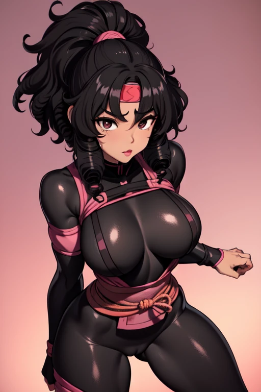 Average height girl, waist-length black curly hair, mulatto skin, black eyes, pink filled lips, defined body, and shinobi clothing , medium bust, whole body,defined curls.