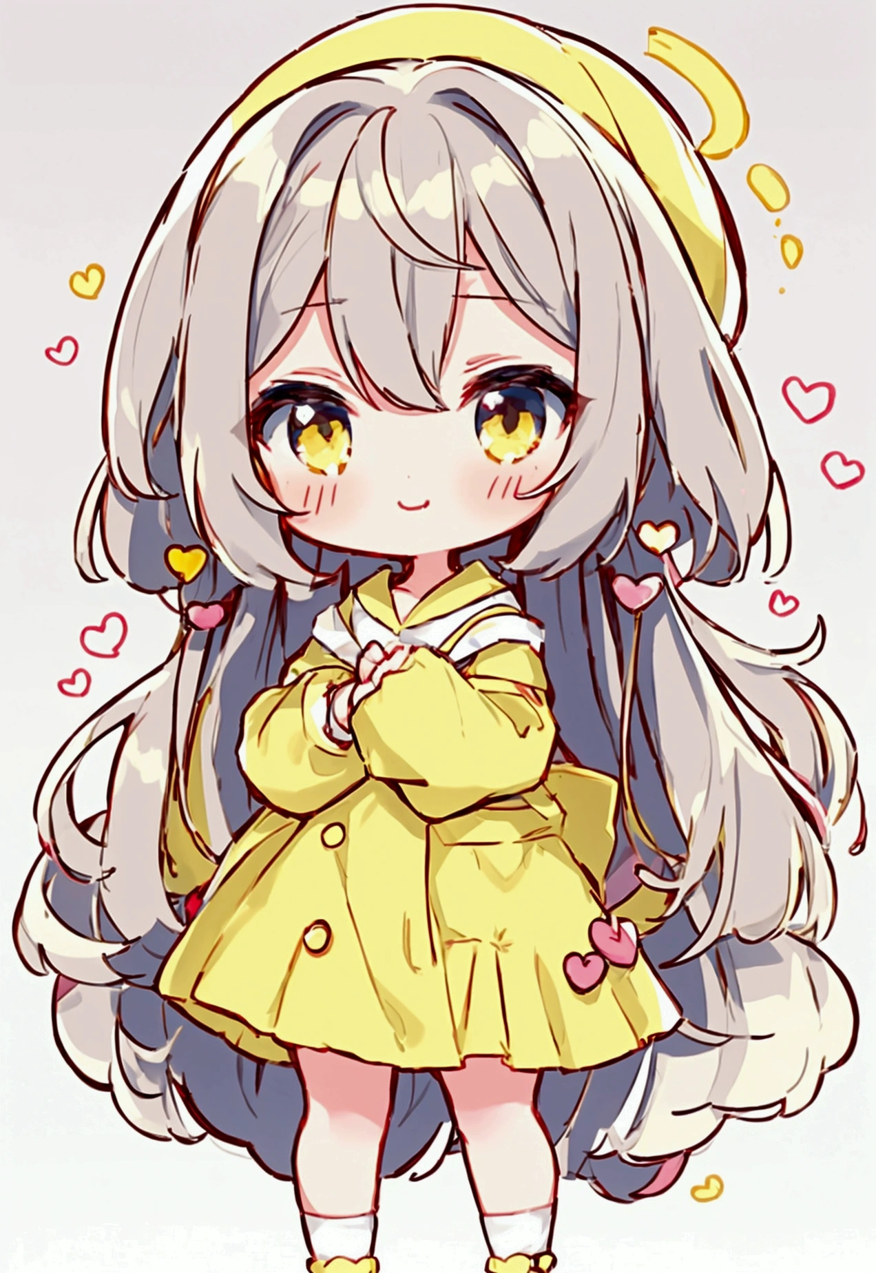 Cute style chibi girl, heart, soft, colorful, delicate, Expressive, texture, sharp, Grey and yellow