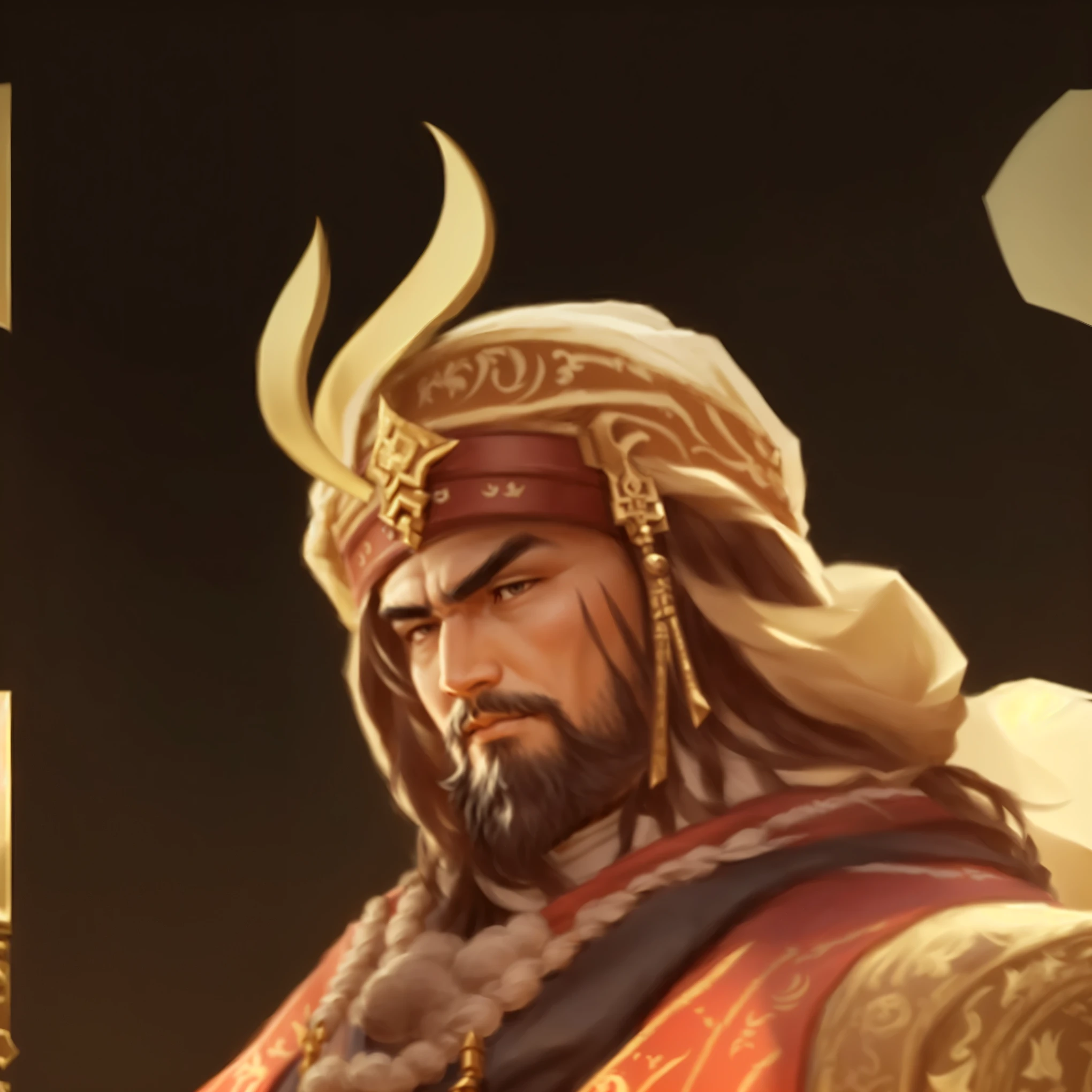 There is a man with horns and a beard, Inspired by Huang Shen, guan yu, Inspired by Hu Zaobin, Inspired by Wu Bin, Inspired by Li Kan, inspired by Huang Ding, arabian samurai, inspired by Du Jin, Inspired by Ma, G Liulian art style, Character Art Close-up