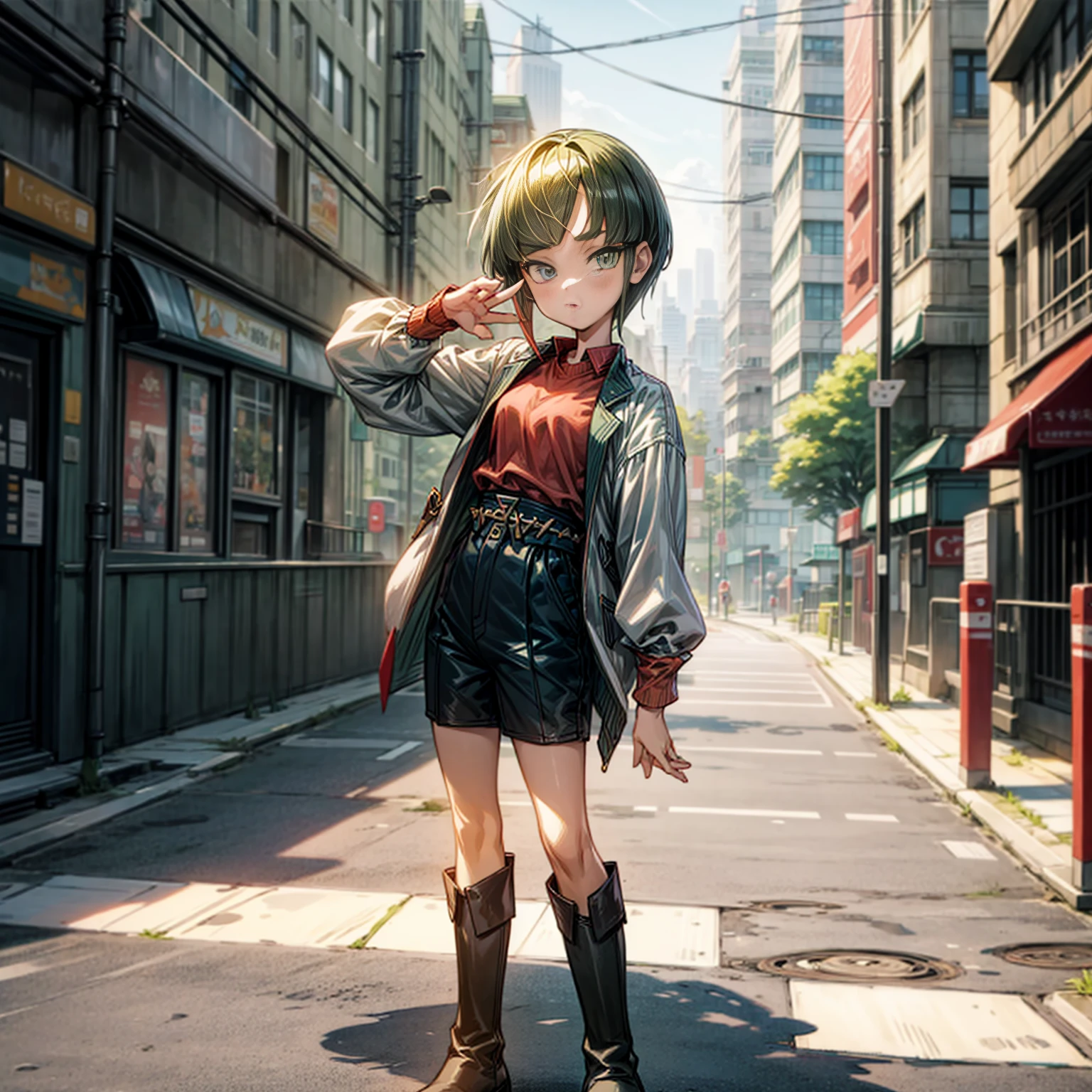 1children girl, Full body version, 1character, green eyes, short haircut, green color hair, casual style clothing, red colour clothing, boots, Grassroots, background in city street, motion blur, (detective conan style art), standing gesture, cute face