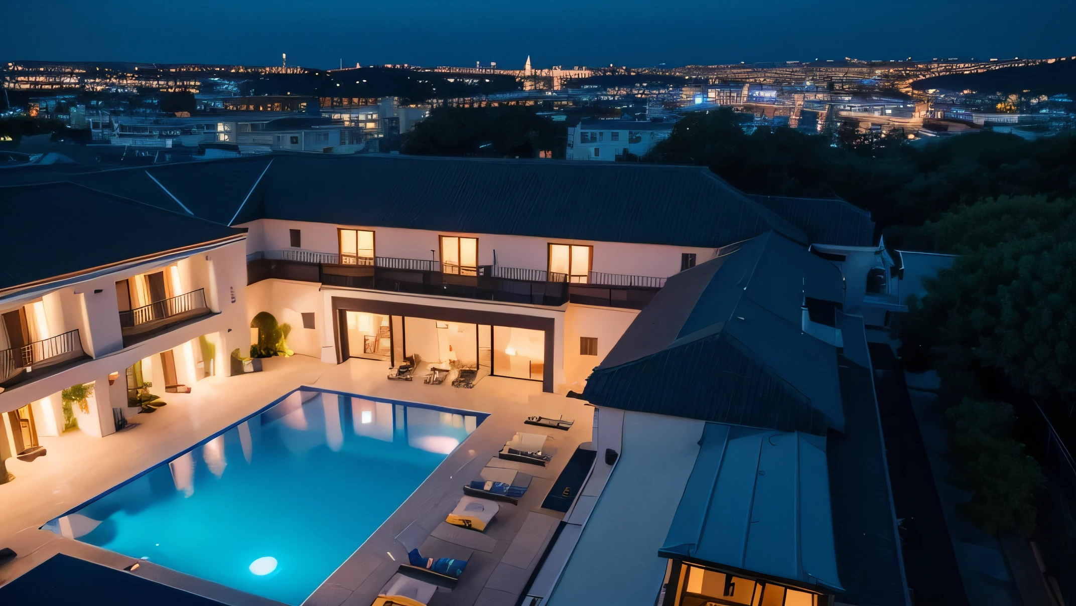 A night view image of a luxury hotel with a building and swimming pool taken by drone.