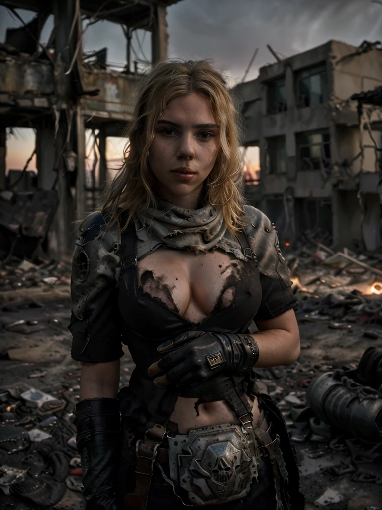 (highest quallity:1.3), cinematic shot, work of art, (sharp focus:1.5), (photorrealistic:1.3), portrait of 20-year-old actress Scarlett Johansson, breasts showing, Dirty Blonde Short Hair, dusty face, Dressed in the armor of the future, Contra o pano de fundo de um dusts-apocalipse desolado, ruined ultra futuristic rounded buildings, futuristic architecture, ruins of a city, black leather gloves on hands, the wind, dust, Destroyed buildings, Burnt car skeletons, Oppressive atmosphere, Dirty orange skies, dusk, Photographic realism, sharp focus, Human bones and skulls are scattered everywhere, piles of garbage, Building debris, fall, photo 3/4, Realistic facial skin, Dust on clothes, Atmosfera opressiva, apocalypse, as realistic as possible